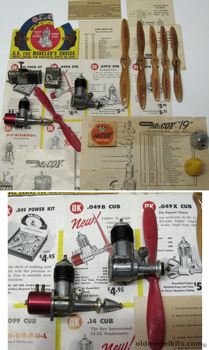 OK .049 Cub and .099 Gas Engines With O.K. And McCoy Paperwork/Decal and Wooden Propellers - Bagged plastic model kit